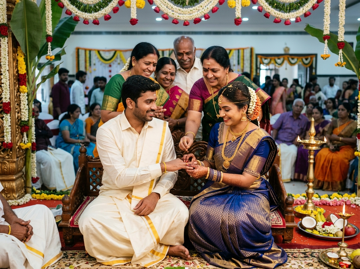 Ornate golden ceremonial seat on mandapam stage for engagement