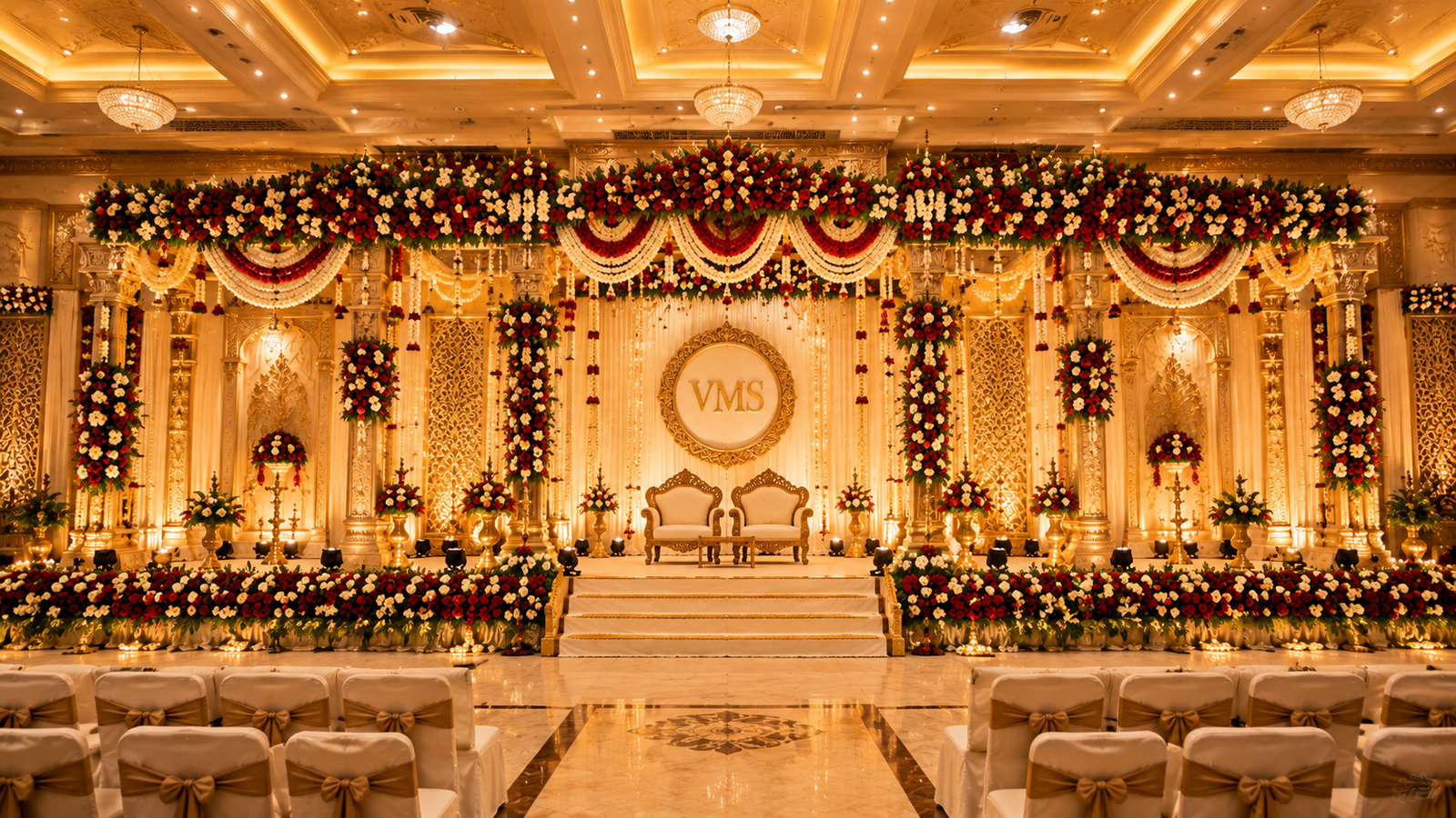 The mandapam illuminated with golden festoon lighting at night