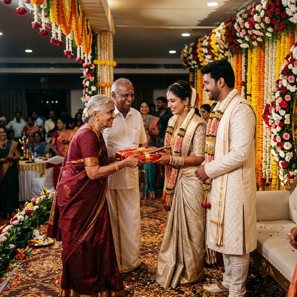 South Indian wedding reception couple sharing a joyful moment on stage