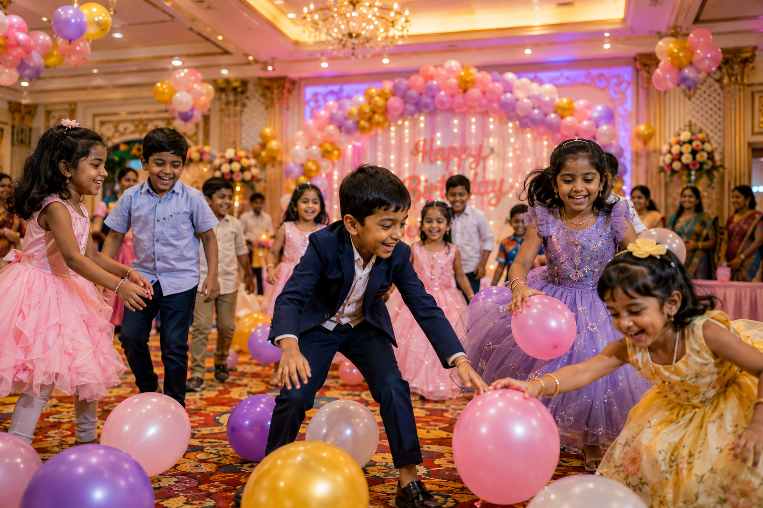 Kids enjoying at the party with balloons and decorations