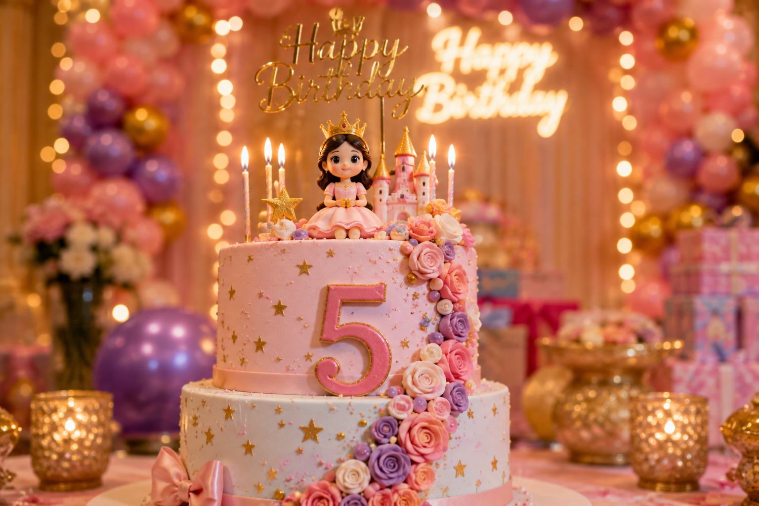Close-up of a beautifully decorated birthday cake with candles