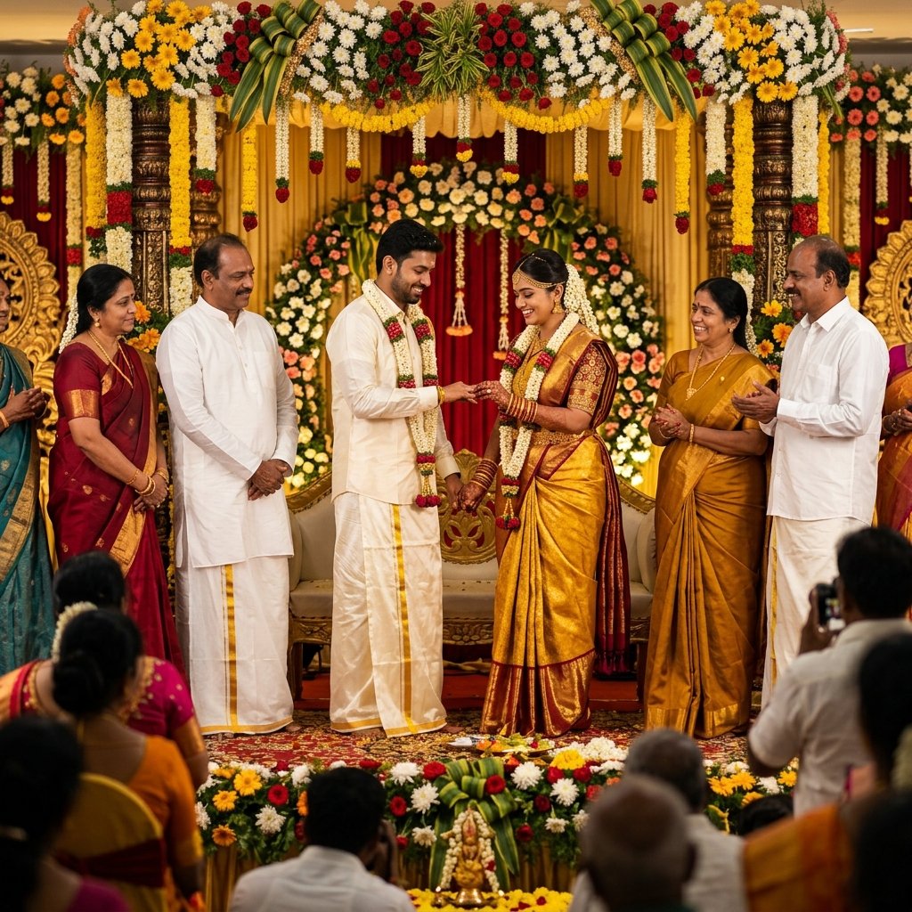 South Indian engagement ring exchange ceremony on stage