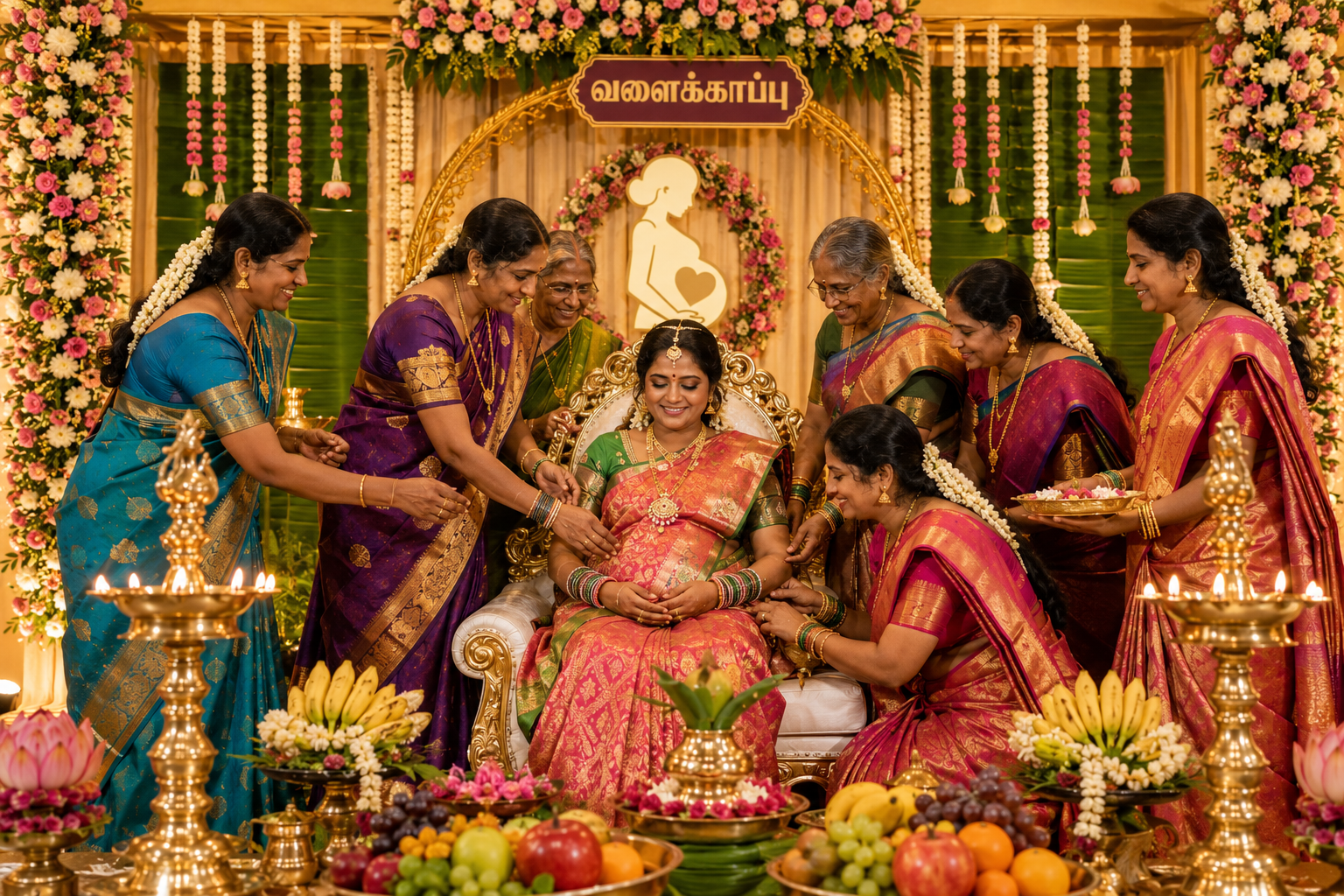 Guests gathered under the flower decorated entrance canopy of the mandapam