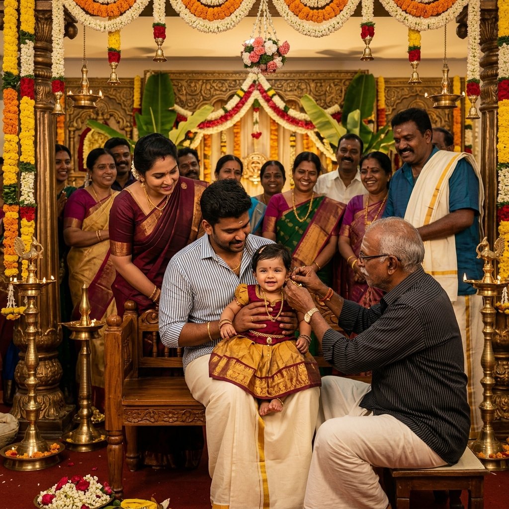 Traditional Tamil kaathukuthal ear piercing ceremony inside the hall