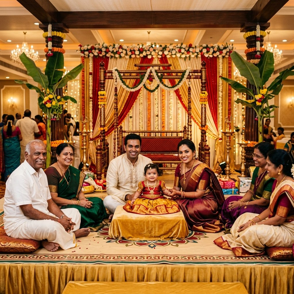 Families gathered for a traditional ceremony held at the mandapam