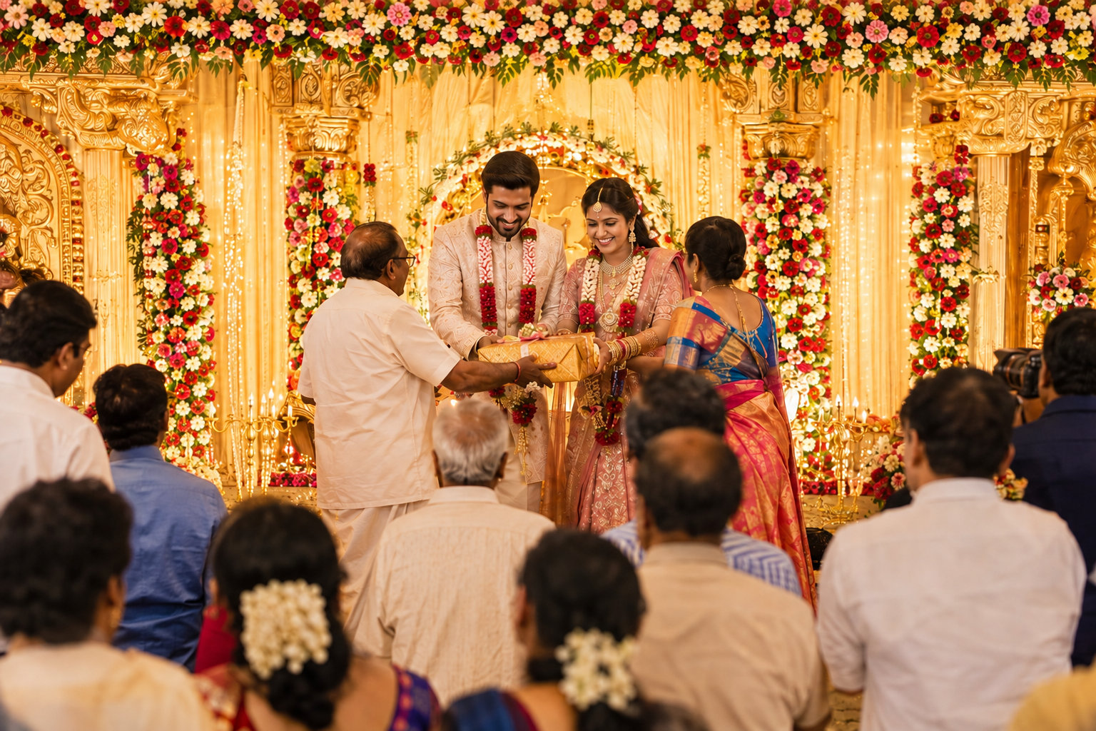 Stage decorations and floral arches for evening reception