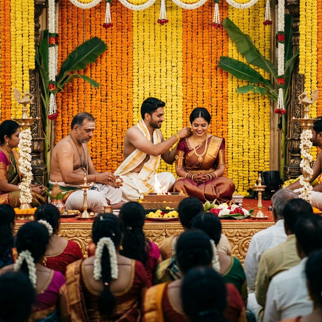 Traditional South Indian wedding ceremony muhurtham taking place on the mandapam stage