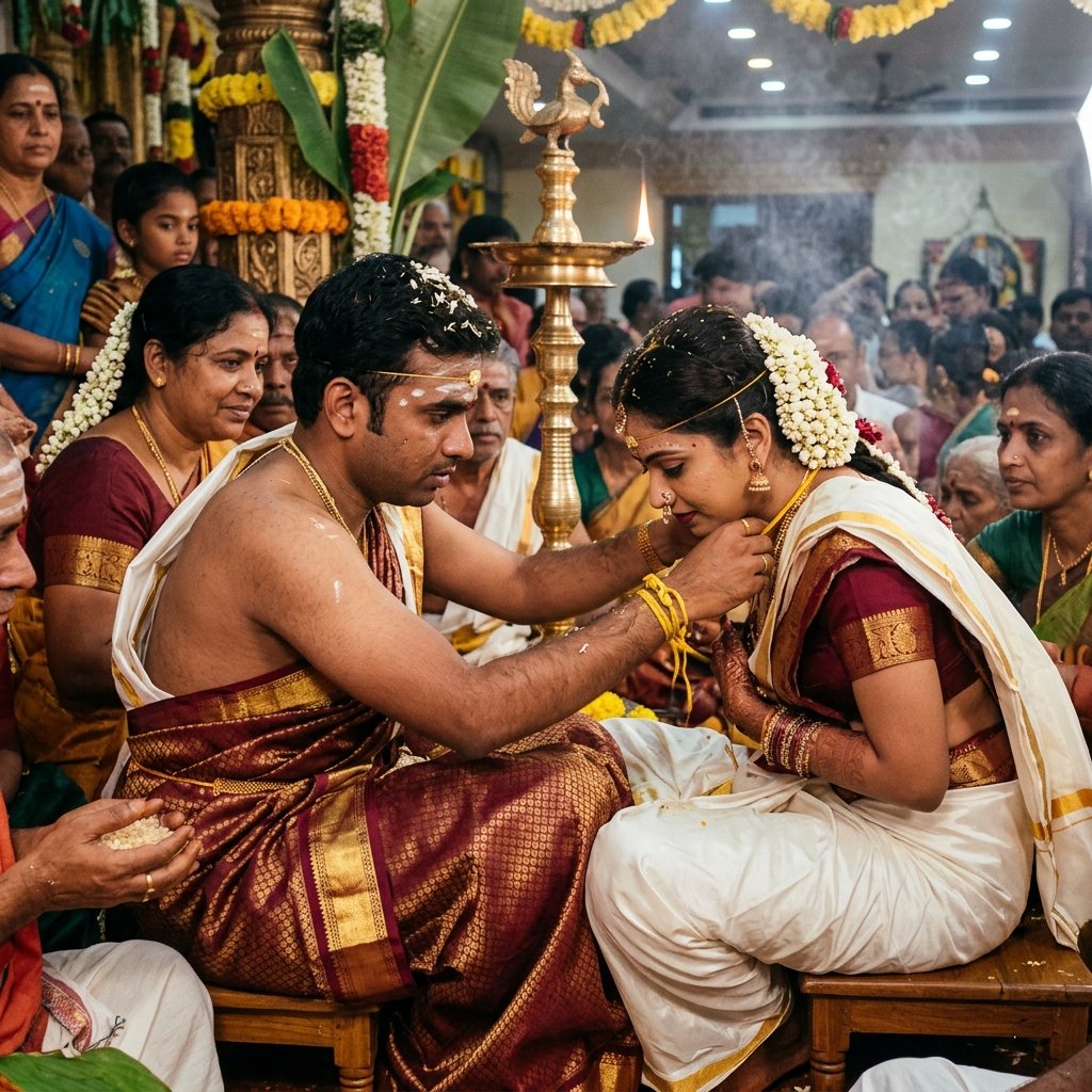 South Indian wedding akshatai blessing ceremony with marigold flowers