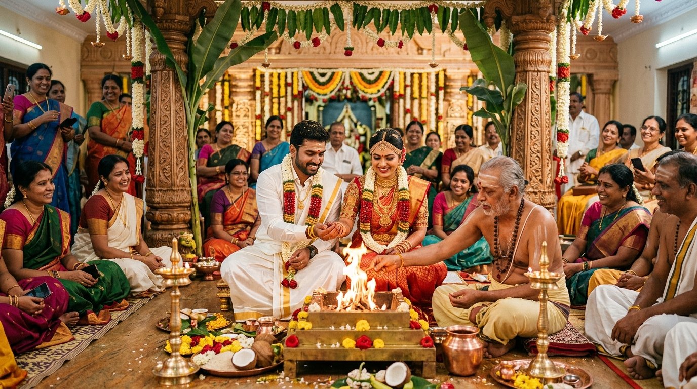 A traditional wedding ceremony taking place on the decorated stage inside the mandapam